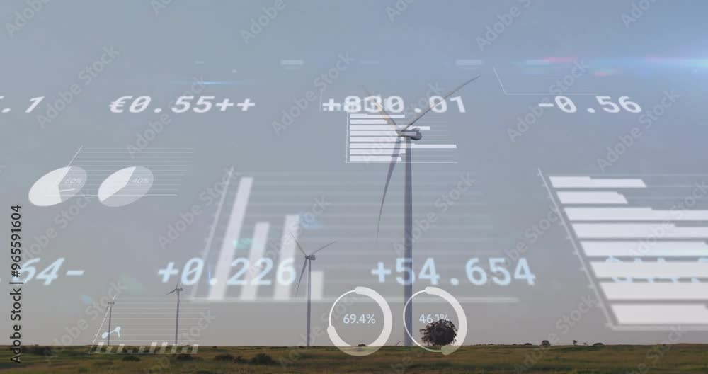 Poster animation of financial data processing over wind turbines on field