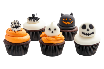 Halloween themed cupcakes with pumpkin faces, witch hat and bat isolated on white background. Festive and fun dessert for Halloween celebrations and parties
