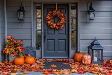 Obraz premium The front entryway showcases a stylish autumn display with vibrant leaves, pumpkins, and a welcoming wreath, creating a warm atmosphere.