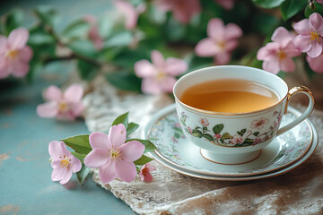 Beautiful Pink Flowers Arranged in a Ceramic Teacup on a Vibrant Blue Background