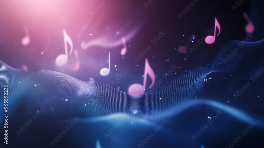 Poster abstract music background with notes and waves.