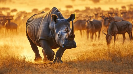 Obraz premium Rhino Charging Through Savanna at Sunset