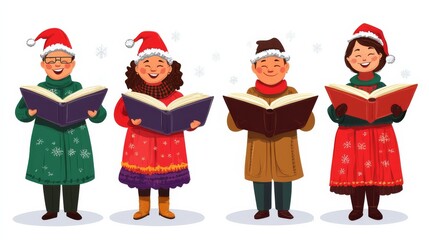 Christmas Carolers Singing From Songbooks.