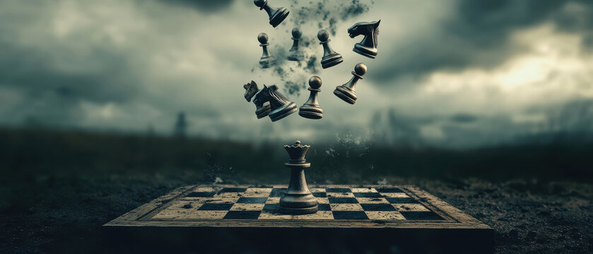 A surreal chessboard floats in air, with chess pieces suspended mid motion, creating captivating and dreamlike scene. atmosphere is dramatic and mysterious, evoking sense of wonder - Powered by Adobe