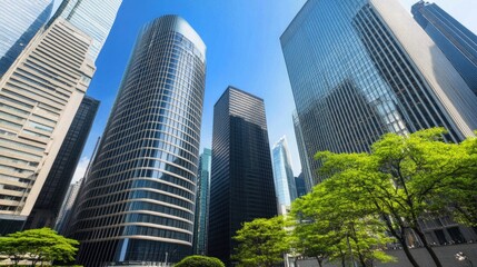 Fototapeta premium A contemporary office building features wide glass windows and a lush green roof with trees. The setting showcases a blend of nature and modern architecture against a clear sky.