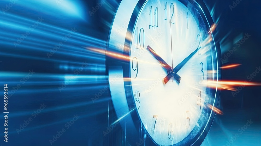 Poster a close-up of a clock with a blurred background, suggesting motion and time.