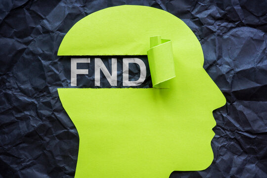 Abbreviation FND Functional Neurological Disorder and a torn paper head.