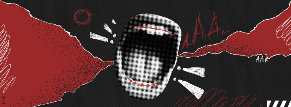 Banner with open scream mouth. Pop art and punk background. Poster with halftone effect. Zine page. Retro vector design in red and black and white colors.