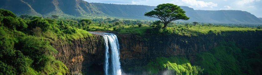 Obraz premium A breathtaking waterfall cascades down rocky cliff surrounded by lush greenery and majestic mountains. This stunning landscape captures essence of natures beauty and tranquility