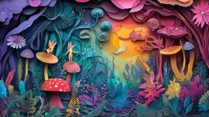 Enchanting Paper Cutting Art: Whimsical Forest with Fairies Dancing Among Toadstools