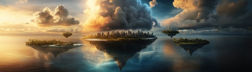 Obraz premium A breathtaking world where gravity works in reverse, featuring floating islands and stunning skyline. serene waters reflect vibrant colors of sky, creating dreamlike atmosphere