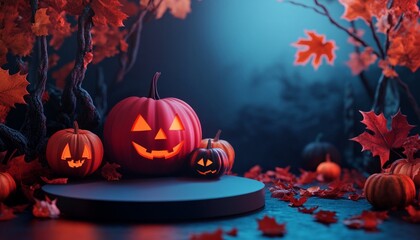 3D Blank Podium for Product Display with Halloween Pumpkin Decor