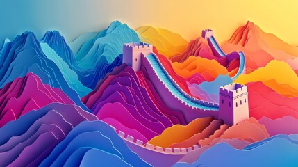 Majestic Paper Cut Great Wall of China - Whimsical 3D Rendering with Vivid Colors and Intricate Details