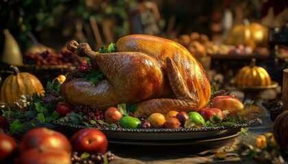 Thanksgiving Feast Banner with Abundant Harvest on Rustic Table in Warm Atmosphere