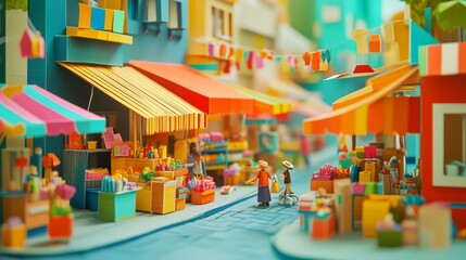 Naklejka premium Whimsical 3D Paper Art of Bustling City Market - Colorful and Vibrant Paper Crafted Scene with Tiny Stalls and People