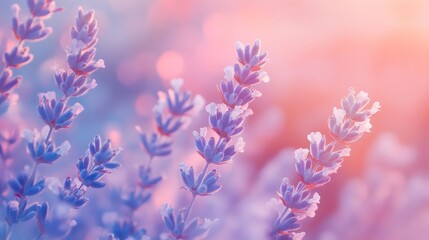 Obraz premium Lavender Flowers in Soft Pink Sunset Light.