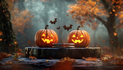 Fototapeta premium Halloween Concept with Pumpkins Glowing in a Spooky Forest Setting