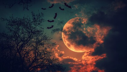 Fototapeta premium Picture of Halloween Night with Full Moon, Flying Bats, and Glowing Clouds