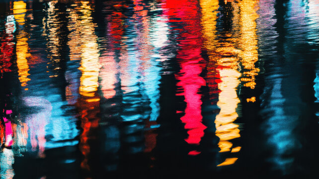 Vibrant reflections of city lights create an abstract film grain effect on water, showcasing mesmerizing blend of colors and patterns. interplay of light and water evokes sense of urban energy and bea