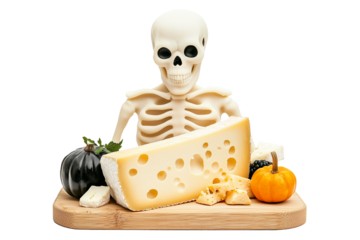 A Halloween-themed cheese board featuring a skull, cheeses, pumpkins, fruit, and leaves isolated on white background. Concept of festive Halloween holiday food