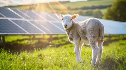 Obraz premium A young lamb stands in a grassy field, with a backdrop of solar panels, a symbol of sustainability and a harmonious co-existence between nature and renewable energy.