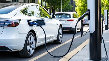 A white electric car is charging at a modern station with blue connectors and a digital display, set against a lush background, emphasizing the transition to sustainable transportation