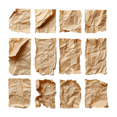 set of crumpled brown paper pieces, isolated background. Perfect for design, craft, or scrapbook projects.