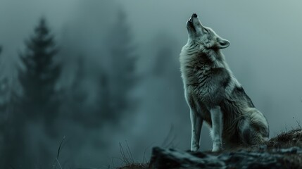 A lone wolf howls to the moonlight, expressing nature's haunting beauty against a backdrop of misty, shadowy pines at night.