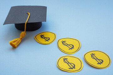 Graduation cap and dollar signs as symbol of education investment.