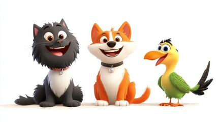 Cartoon Cat, Dog and Parrot.