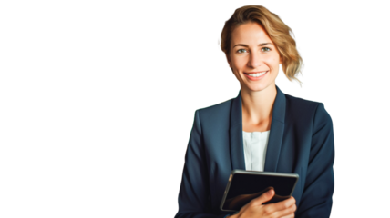 Smiling young businesswoman holding a digital tablet on transparent background PNG.