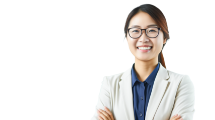 Young experienced asian businesswoman boss, female worker on transparent background PNG.

