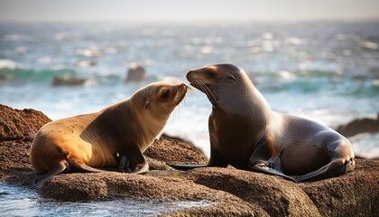 Fototapeta premium Tender sea lion couple basking on a rocky shore