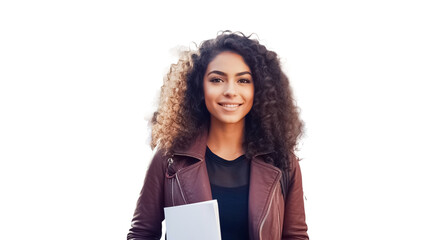 Obraz premium Cheerful young female student with folder on transparent background PNG.