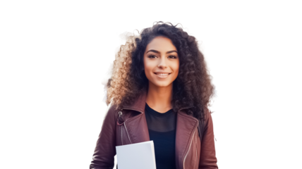 Cheerful young female student with folder on transparent background PNG.

