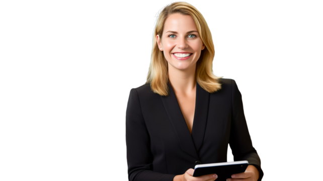 Successful business woman looking confident and smiling holding tablet pc on transparent background PNG.