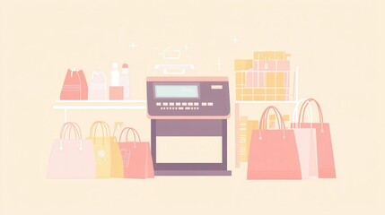 A bright, colorful shopping scene featuring a cash register and shopping bags showcasing a vibrant retail atmosphere.