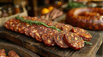 Chorizo, Sliced Salami, Prosciutto Ham, Variety of Mixed Meats and Sausages cold cuts meat, banner