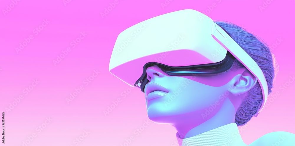 Poster an image of a woman using a googles headset to view augmented reality with copy space in the metaver