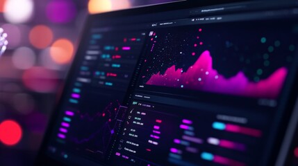 A close-up of a digital dashboard screen displaying data analytics and charts in vibrant colors against a bokeh background.