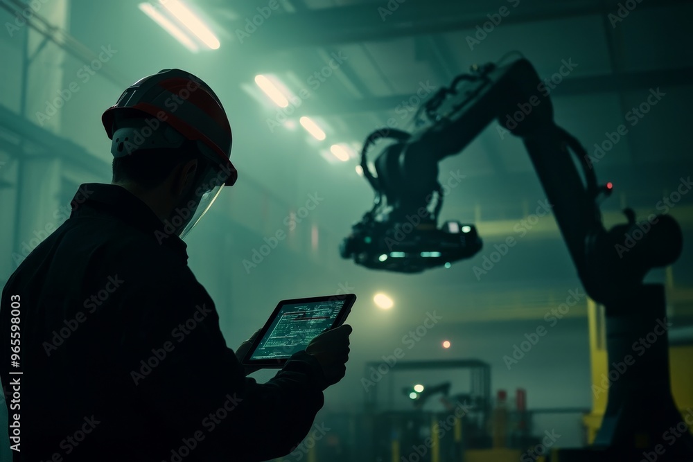 Poster using a laptop to run software for smart factory automation by a robot process automation engineer