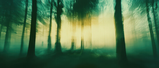Obraz premium A serene forest scene with blurred shapes of trees, creating an ethereal atmosphere. interplay of light and shadow evokes sense of mystery and tranquility