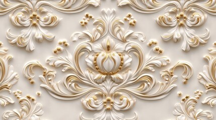 Luxurious 3D Whimsical Damask Patterns with Gold Details on Ivory Background