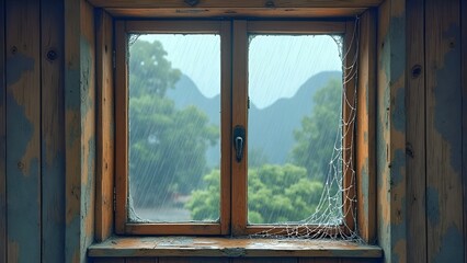 Illustration of an old window with a rain view 