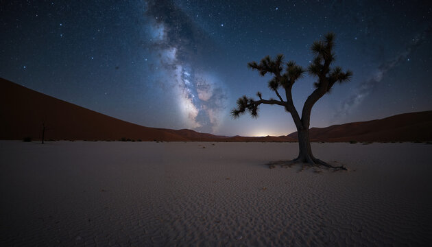Majestic Lone Tree in Arid Desert Under Stunning Starry Sky with Visible Mildesert, tree, night, stars, Milky Way, cky Way and Cracked Dry Earth at Night - Captivating Nature and Landscape Photography