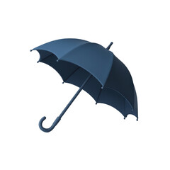 A simple, dark blue umbrella with a curved handle, showcasing a smooth and polished design, suitable for protection against rain and sun