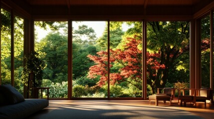 Obraz premium A serene living room with large windows offering a picturesque view of a vibrant garden. A peaceful retreat blending indoor comfort with outdoor charm.