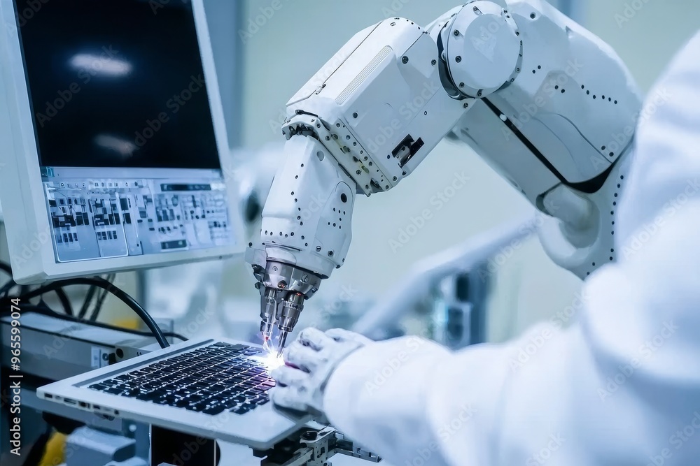 Poster in an intelligent factory with monitoring software, engineers check and control robotic welding arms