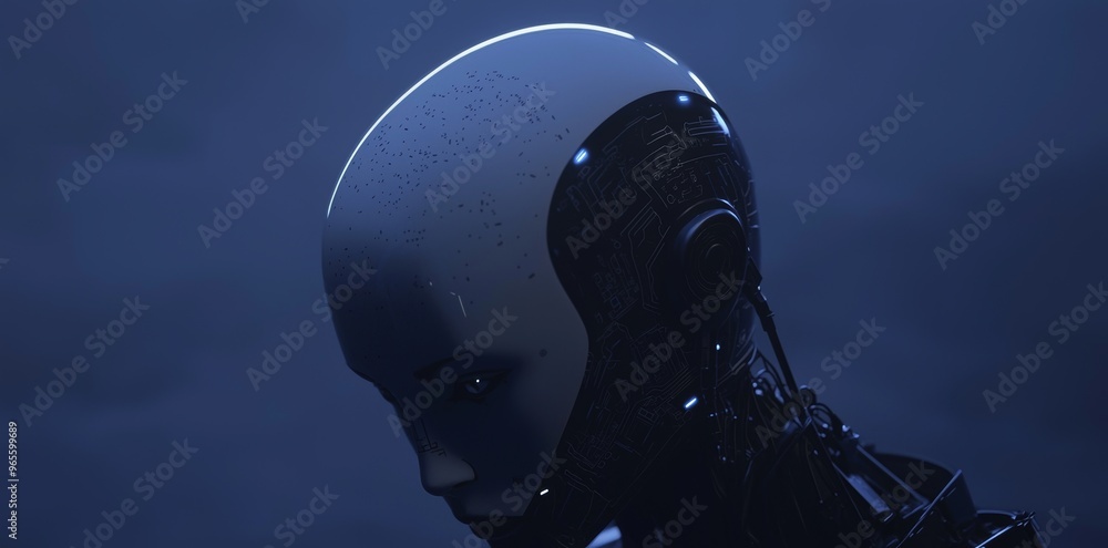 Poster in stock, a humanoid cyberhuman with a neural network thinks. a concept of ai used in big data or cy