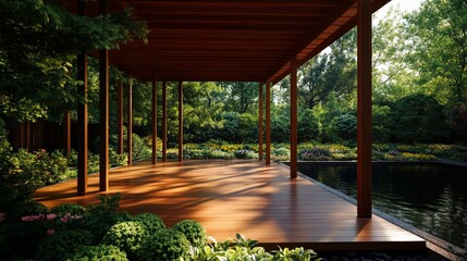 Beautiful wooden deck surrounded by lush greenery and trees, with sunlight streaming through, creating a serene and peaceful outdoor space.